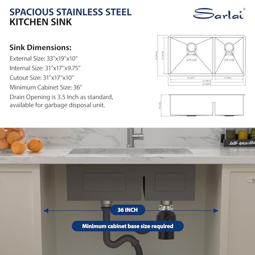 Sarlai 33 Undermount Sink Double Bowl - 33x19 Kitchen Sink Low Divide Undermount Stainless Steel 16 Gauge Round Corner Double Bowl 60/40 Sink Basin