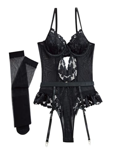 Lilosy Sexy Stocking Lace Mesh Bodysuit Top Underwire Garter Lingerie Set 3 Piece - Image 6