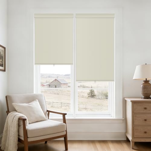 Cordless Roller Shades Blackout Blinds for French Door Room Darkening Rolled Up Shades with Linen Valance, UV Protection Narrow Window Shades Blinds for Bedroom Home and Office Natural 22" W x 72" H