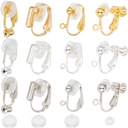 SOFPLATE 1 Box 24Pcs 12 Style Gold Earring Converter Silver Clip on Earrings Converter Brass Non Pierced Real 18k Gold Plated with Pad Screw Back Clip Earring Findings for jewellery Making Supplies DI