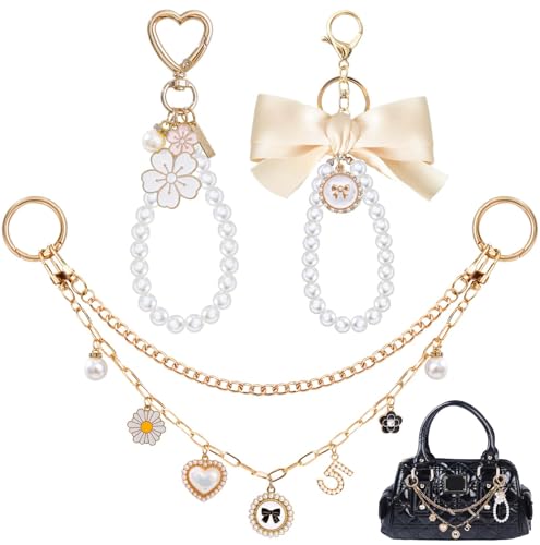 WAQYGZO 4 in 1 Gold Bag Charms, Purse Charms,Pearl Bag Charm Chain for Handbags, Purse Keychain, Purse Chain Charm, DIY Bag Accessories Charms for Women