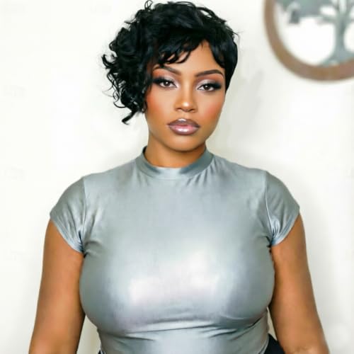 Curly Pixie Cut Wig Human Hair for Black Women Side Part Bangs Short Bob Wear and Go Glueless Wigs Layered Brazilian Human Hair Loose Curl Haircut Full Machine Made Fashion Wig for Daily Use
