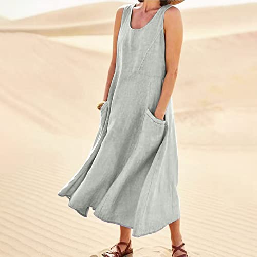Plus Size Cotton Linen Summer Dresses for Curvy Women 2025 Sleeveless Maxi Vacation Beach Sundresses with Pockets