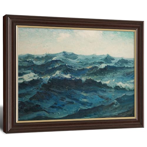 Image of Framed Vintage Ocean Wave Canvas Wall Art, Antique Impressionist Seascape Oil Painting Prints, Teal Blue Coastal Wall Decor for Living Room Bedroom Bathroom Office