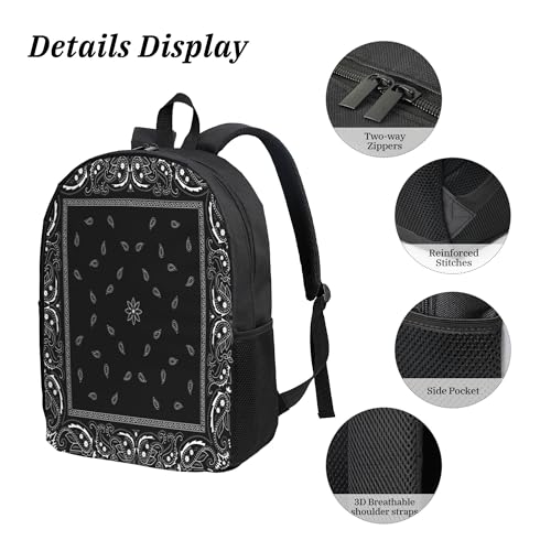 Black Paisley Bandana 3PCS Backpack, Cute Shoulder Backpacks Lightweight Durable Laptop Bag, 17 Inch Backpack4