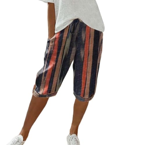 GOFULY Cotton Linen Bermuda Shorts for Women Knee Length Summer Elastic Waist Drawstring Shorts Pockets Solid Capris Pants4