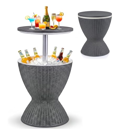 COSTWAY Table Glacière 30L pour Jardin 2 en 1 avec Plateau Relevable, Seau à Glace Imitation...