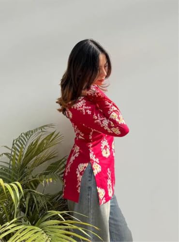 Image of Women Pure Cotton Floral Printed Short Kurti | Square Neck | Full Sleeves | Stylish Ethnic Kurta | Back Tie-Up | Casual Wear Kurta