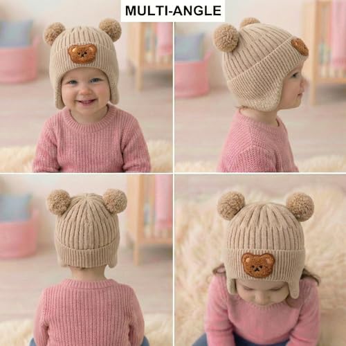 Image of Kraptick Children's Pompom Winter Warm Caps for Toddlers & Kids, Soft Knitted Beanie with Warm Earflaps, Cute Teddy Bear Design, Unisex Baby Woolen Hat-2