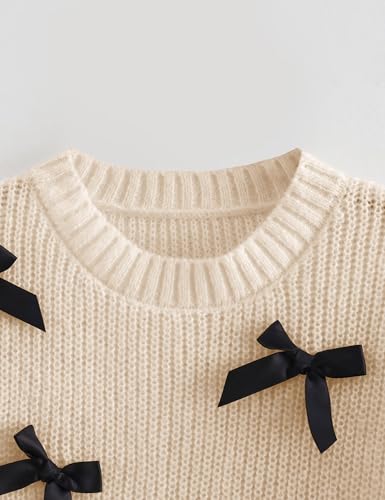Image of Women's Sweaters Knitted Crewneck Puff Bubble Short Sleeve Pullover Tops Casual Bow T Shirts Chic Blouses