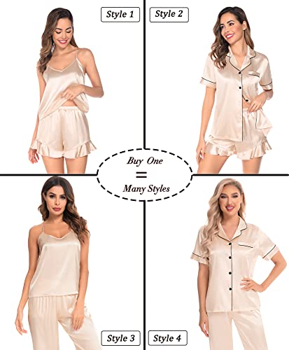SWOMOG Womens 4 Piece Pajamas Button Down Silk Sleepwear Satin Cami Ruffle Shorts Long Bottoms Pjs Pajama Pants Lounge Sets - Image 3