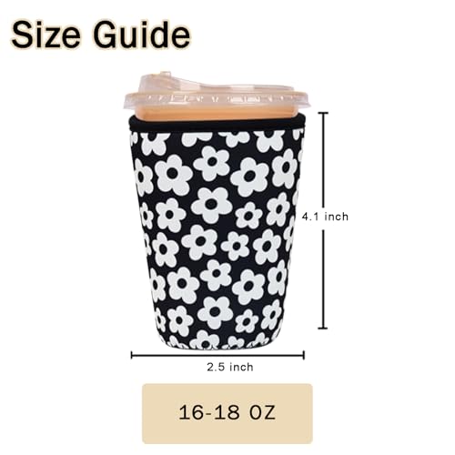 Image of Reusable Insulated Sleeve for Iced Coffee Cup, Coffee Neoprene Sleeve for Cold & Hot Drinks, Beverage Holder for Iced Coffee (Black Florals, Small: 16-18oz)
