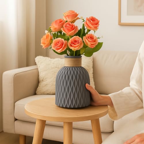 Image of Plastic Pineapple Shape Decorative Vase with Jute Rope Top | Ceramic Look, Unbreakable Flower Pot for Centre Table, Balcony & Living Room Decor | Only Vase (No Flower) (Grey)