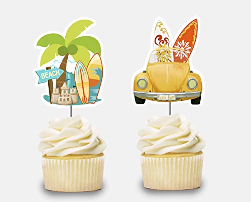 Surf Cupcake Toppers 12 pcs, Surfer Cake Picks Birthday Decoration, Beetle Party Supplies