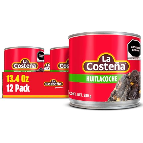 La Costeña Huitlacoche - Traditional Gourmet Mexican Food for Quesadillas, Tacos, Tamale, Umami - Canned Mexican Corn Truffle - Shelf Stable Non Perishable Food Items Ready to Eat - 13.4 oz, 12 Pack