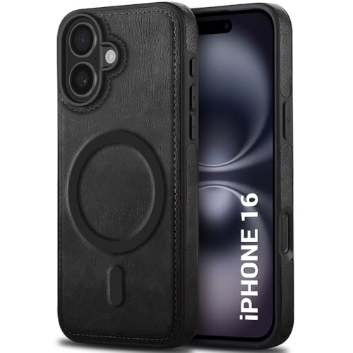 Image of TheGiftKart Genuine Leather Finish Back Cover Case for iPhone 16 | Shockproof Design | Raised Edges for Camera & Screen Protection | Stunning Minimalist Design Case Cover (Compatible MagSafe, Black)