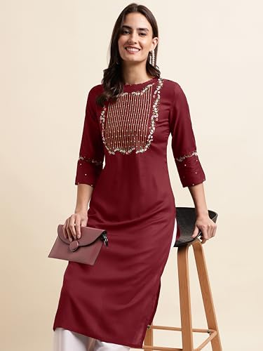 Image of MIRCHI FASHION Women's Straight Fit Rayon Sequins Embroidered and Polka Dots Printed Kurti Only