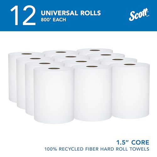 Image of Scott Professional Hard Roll Paper Towels, Bulk, 12 Rolls x 800' (01052) | Universal 1.5 inch Core, 100% Recycled Fiber, White, Standard Tier, Absorbency Pockets, Compatible with Universal Roll Dispensers