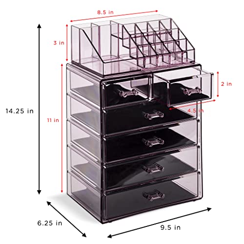 Image of Sorbus Acrylic Makeup Organizer Set, 6-Drawer Vanity & Countertop Cosmetic Storage with Small & Wide Compartments, Purple Makeup Storage for Brushes, Jewelry - Holiday Gift for Women & Teens