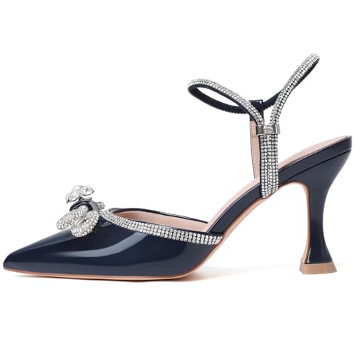 Image of Susanny Women's Closed Toe Rhinstone Wedding Low Heel Slingback Clear Kitten Heels,Adjustable Strap Pointed Toe Bow Pumps High Heeled Prom Dress Shoes