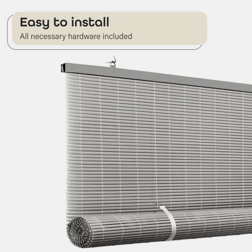 Image of Cordless Solstice Vinyl Roll-Up Blind - 60 Inch Width, 72 Inch Length, Quarter Inch Vinyl Slats - Grey - Soft Light Filtering Horizontal Windows Blinds for Indoor & Ourdoor by Achim Home Decor