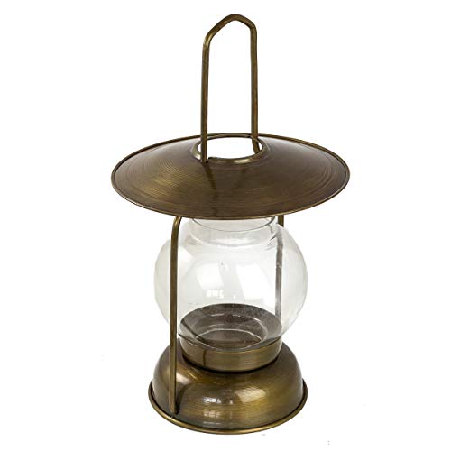 Antikas - Lanterne en fer, bougeoir couleur laiton, lampe de table.