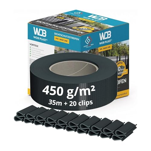 WDB Basic Line - Tiras de protección Visual de PVC, protección Visual para Valla de jardín, Valla de Doble Varilla, 47,5 mm x 35 m + 20 Clips de fijación, rieles de sujeción Antracita