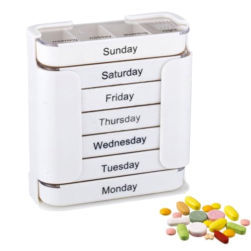 Yukelu 週間ピルオーガナイザー | 週間サプリメントホルダー,携帯用ピルサプリケース 1日4回分 自宅 職場 学校 旅行 高齢者 子供向け,飛行機、学校、病院、仕事、旅行、休暇、家庭、子供、大人、高齢者向け