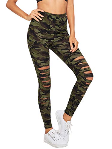 SweatyRocks Women's High Waisted Cutout Ripped Skinny Leggings Yoga Active Pants Camouflage Large