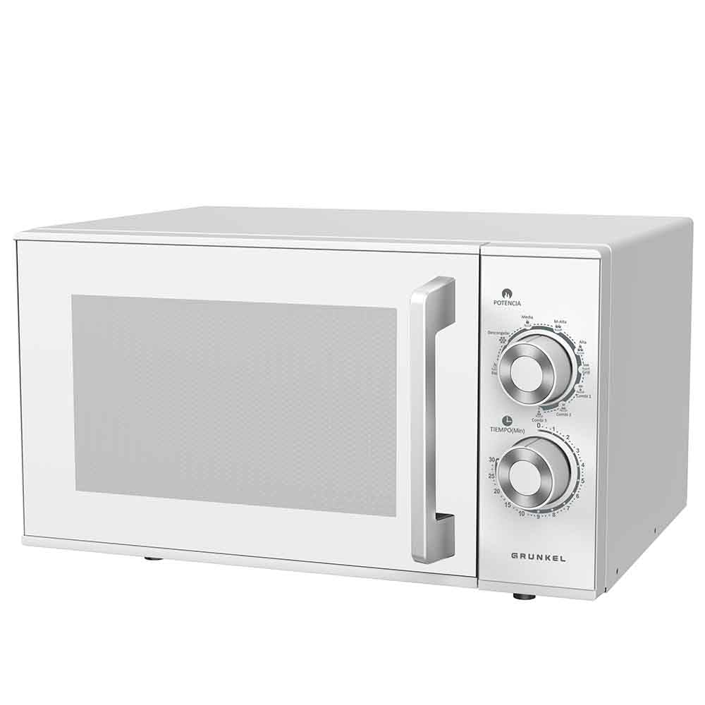 Grunkel Microondas con grill de 25 Litros, 900W + 1000W 5 Niveles de Potencia, 3 Modos Combinados, Temporizador 30 min Apertura con Tirador y Bandeja Ø245 mm