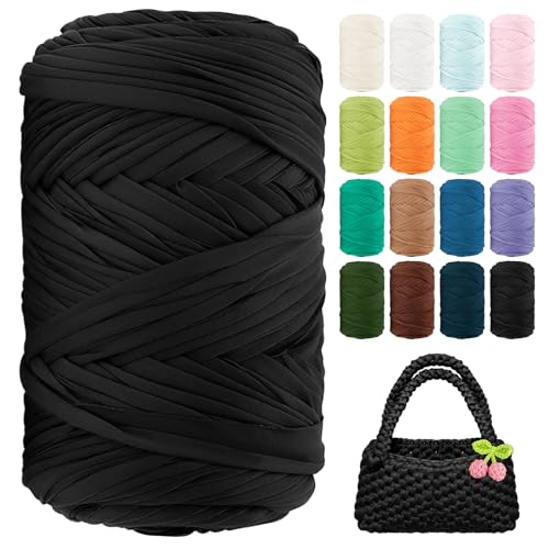 Image of T Shirt Yarn 130 Yards Beginner Crochet Tshirt Yarn 400g Elastic Fabric Thick T-Shirt Yarns for Crocheting, Knitting Bags, Baskets, Rugs, Coasters, DIY Crafts, Home Decor (Black)