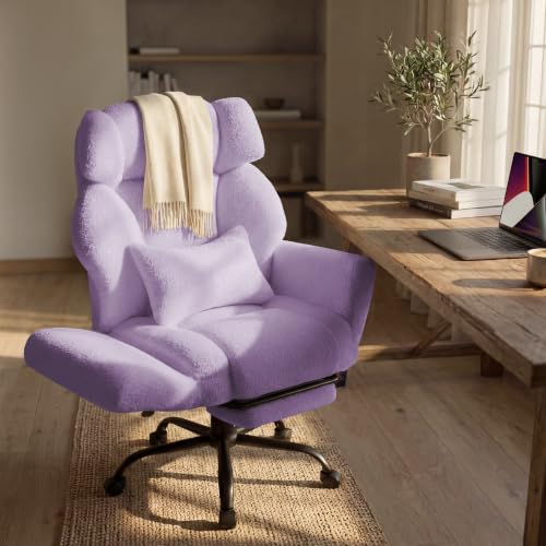 Image of Office Chair with Flip Armrests,Comfy Criss Cross Chair for Pets Sitting,Big and Tall Office Chair with Foot Rest,Extra Wide Seat & Lumbar Pillow,Ergonomic Computer Gaming Chair,Teddy Fleece,Purple