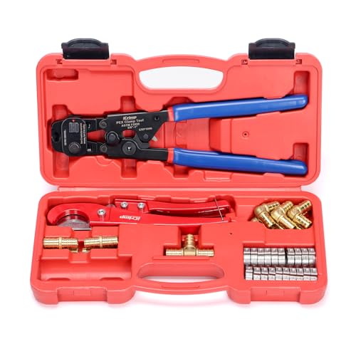 Image of iCrimp PEX Cinch Remove Tool Kit with Fittings for 3 /8 inch-1 inch | Kit includes 2-in-1 crimp & remove tool, pex pipe cutter, 20x1 /2 inchclamps & 12x1 /2 inch brass pex fittings, ideal for plumbers