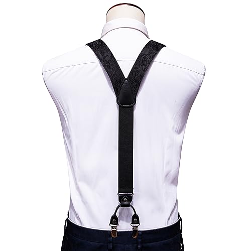 Image of Barry.Wang Men Suspender Set with Necktie Elastic Y Type Heavy Duty 6 Clips Braces Tie Handkerchief Cufflink Pin 6PCS