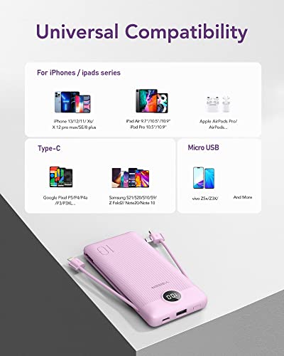 VEGER-Portable-Charger-for-iPhone-Built-in-Cables-and-Wall-Plug-10000mah-Slim-Fast-Charging-USB-C-Power-Bank-Travel-Essential-Battery-Pack-Compatible-with-iPhone-iPad-Samsung-More-DevicesPurple