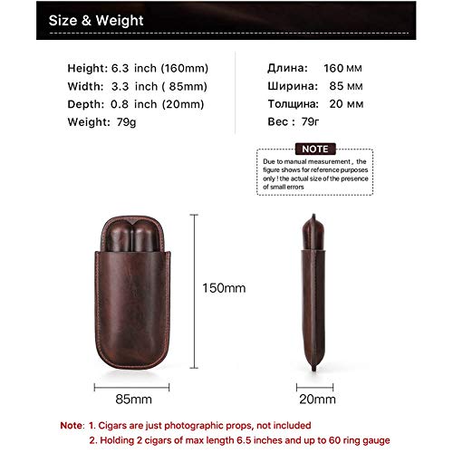 Hiram Genuine Leather 2-Finger Brown Oil Leather Cigar Case, Natural Leather Lined Potable Cigar Humidor (For Two Cigars Brown) #TOP2