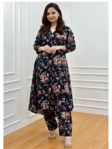 Image of DHRUVI TRENDZ Anarkali Kurta-Set for Women - Viscose Rayon Printed Kurta & Straight Pant | Festive Ethnic Indian Traditional Outfit for Functions & Puja | Lightweight Two Piece Dress for Daily Wear & Holiday Look | 3 /4 Sleeve