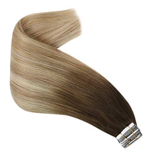 VeSunny 20Inch Balayage Tape in Hair Extensions Remi Human Hair Brazilian Remy Hair Invisible Tape Ombre #4 Dark Brown to Caramel Blonde Mixed Platinum Blonde Human Hair Tape in Extensions 20pc 50g