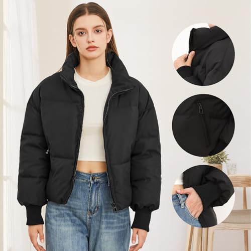 Women’s Winter Cropped Puffer Jacket Coat Casual Quilted Baggy Long Sleeve Zip Down Jackets Outerwear3