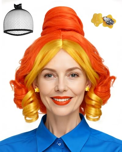 IMEYLE 4 Pcs Set Orange Bun Wig with 2 Star Ear Clips Wig for Halloween Outfit Wavy Wigs with Yellow Bangs for Party Red Orange Curly Wig for Women+Hair Cap