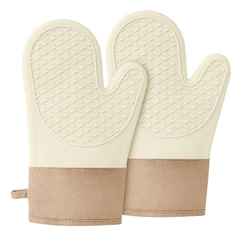 Silicone Oven Mitts Heat Resistant up to 500F Non-Slip Cooking Gloves with Soft Lining Waterproof and Easy-Clean Kitchen Essentials for Baking Roasting BBQ One Pair (Beige)