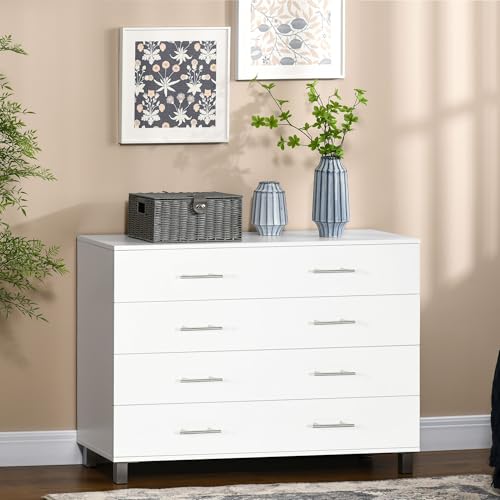 Miniatura 2 de Homcom Cómoda Con 4 Cajones De Dormitorio De Madera Con Patas Cómoda De Noche Moderno Para Salón Oficina Entrada 112x38,2x81 Cm Blanco