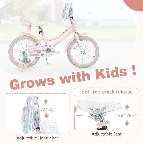 Image of Olakids Kids Bike, 12 14 16 18 20 Inch Girls Bicycle with Doll Seat Basket Adjustable Seat and Handlebar, Handbrake and Coaster Brake