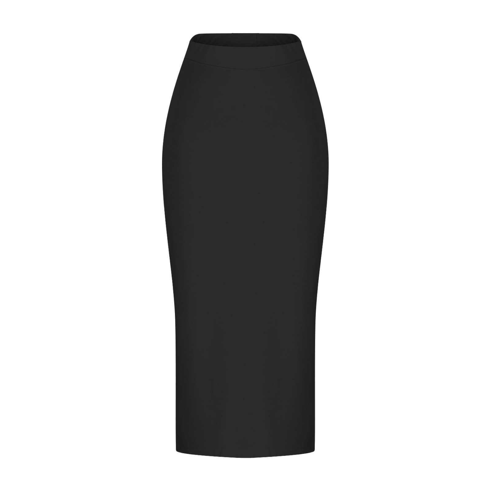 Midi Pencil Basic Skirt for Women Side Slit High Waist Stretchy Casual Bodycon Length Skirts Summer Long Skirt Black