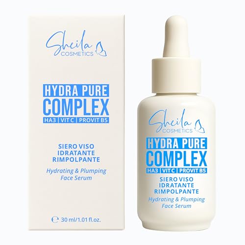 Sheila Cosmetics Hydra Pure Complex – Sérum facial hidratante y rellenador con ácido hialurónico de 3 pesos, vitamina C estabilizada y provitamina B5, hidratación profunda y textura ligera, 30 ml
