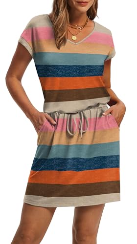 Image of OFEEFAN Summer Dresses for Women 2026 V Neck T Shirt Casual Mini Dresses Tie Waist Sundresses with Pockets