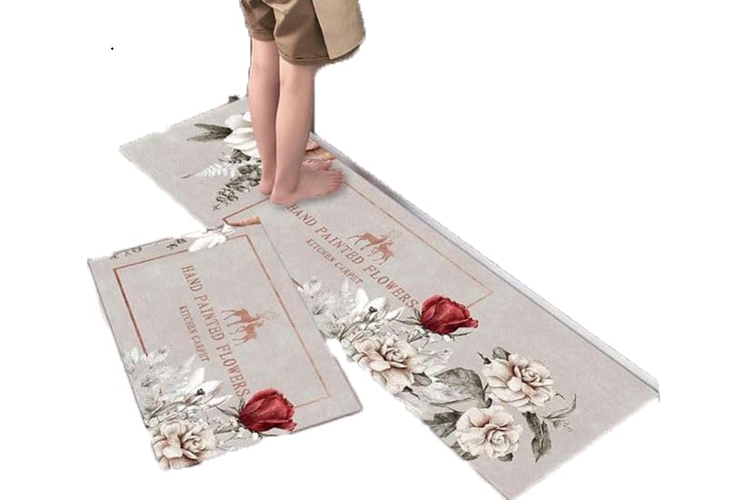 Image of Glaceon Anti Fatigue Kitchen Rug Sets 2 Piece Non Slip Kitchen Mats for Floor Cushioned Kitchen Rugs and Mats Waterproof Comfort Standing Mat Runner for Kitchen,Home Office,Sink,Laundry (Rose MAT)
