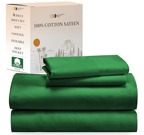 Image of California Design Den Deep Pocket Queen Sheets Set - Natural 100% Cotton Sheets Queen Size Bed Set, Soft Sateen Weave, Breathable and Durable Bedding (Emerald Green)