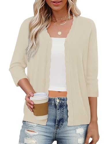 Women's Cardigans Open Front Scalloped Edge 3/4 Sleeve Apricot Coat XL