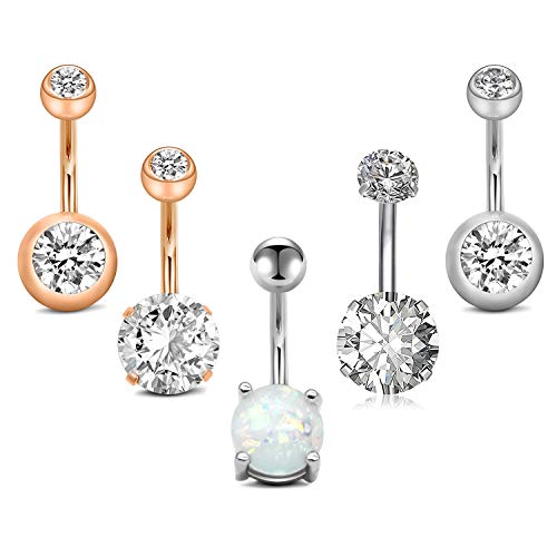 MODRSA 5pcs 14G Belly Button Rings Surgical Stainless Steel CZ Pack Navel Barbell for Women Girls Piercing Rings Jewelry Belly Bar 3/8